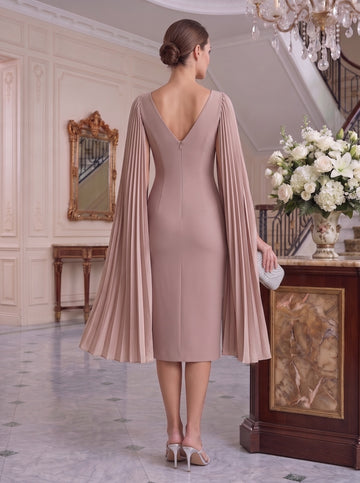 Sheath/Column Scoop Pleated Long Sleeves Tea Length Mother of the Bride & Groom Dresses