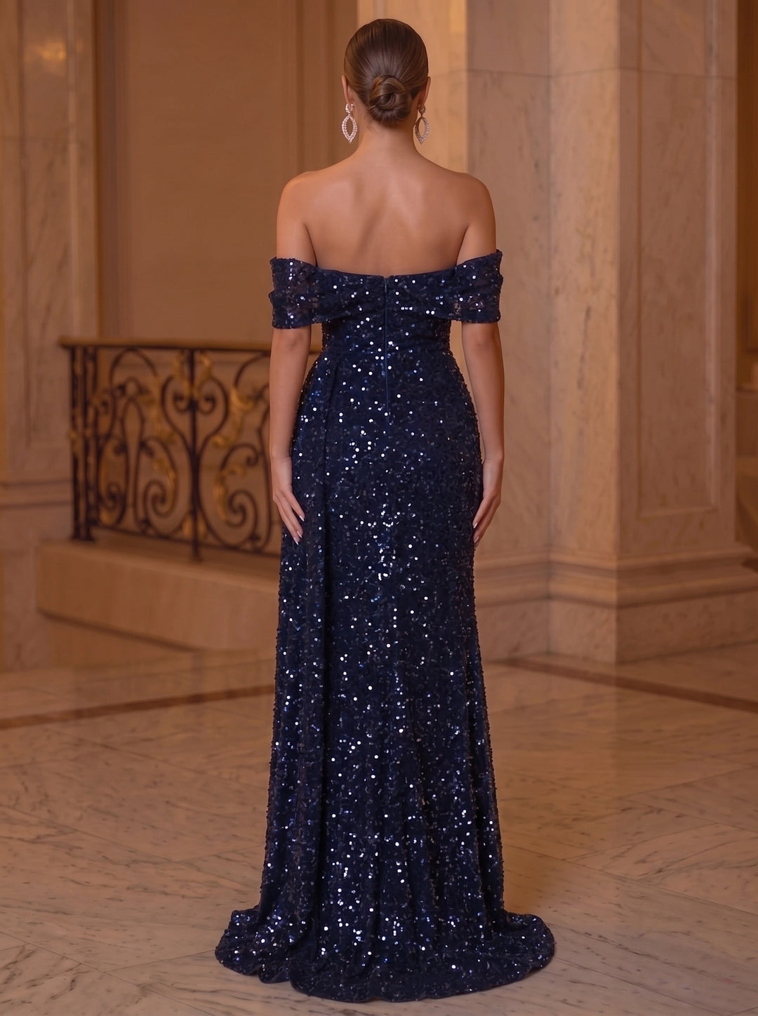 Sheath/Column Off-the-shoulder Sequined Evening Dresses with Split Front