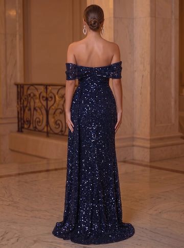 Sheath/Column Off-the-shoulder Sequined Evening Dresses with Split Front
