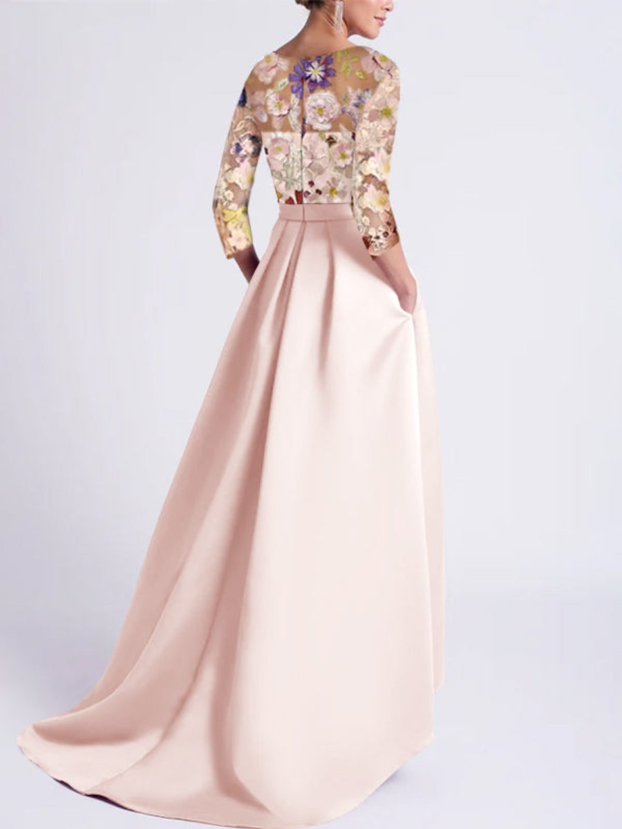A-Line/Princess Cocktail Dress Floral Formal Dress Scoop 3/4 Sleeves Asymmetrical with Appliques Lace