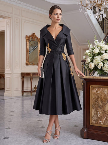 A-Line/Princess V-Neck Tea-Length Elegant Mother of the Bride Dresses with Appliques