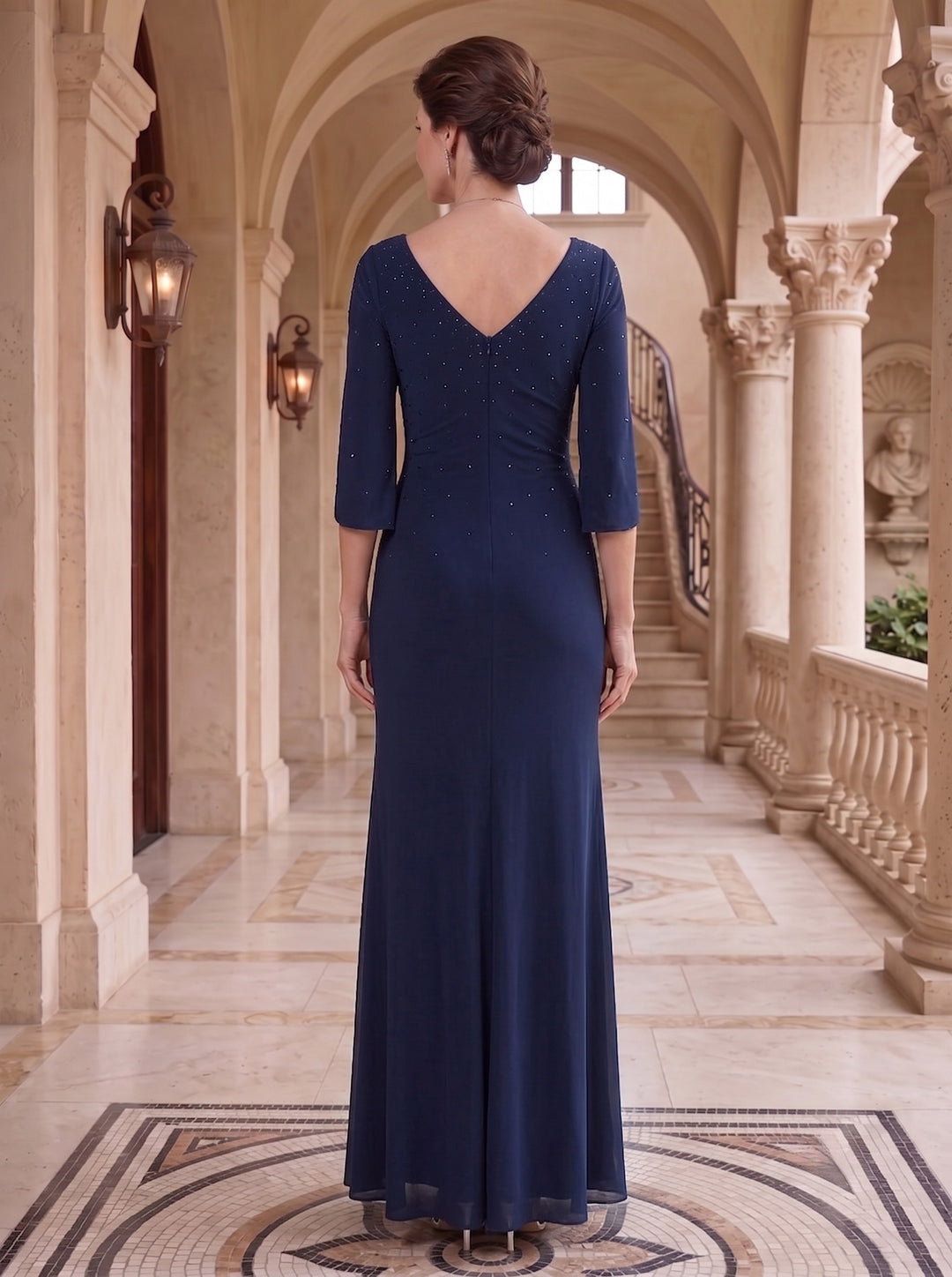 Trumpet/Mermaid V-Neck Half Sleeves Mother Of The Bride & Groom Dresses with High Split & Beading