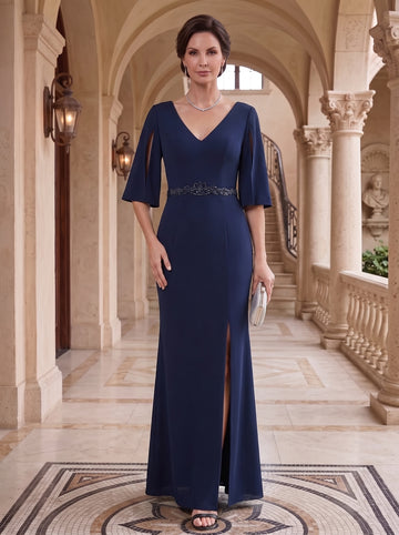 Sheath/Column V-Neck Half Sleeves Mother Of The Bride & Groom Dresses with Appliques & Split Side