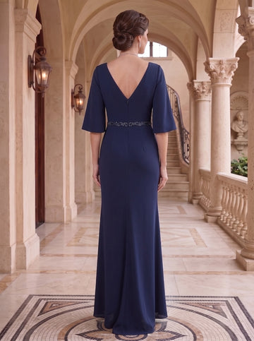 Sheath/Column V-Neck Half Sleeves Mother Of The Bride & Groom Dresses with Appliques & Split Side