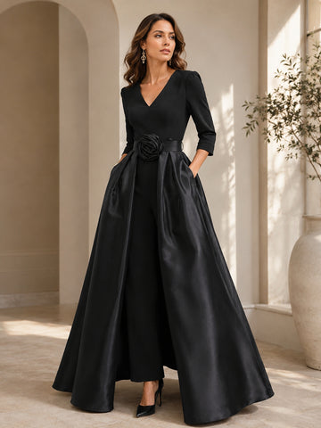 V-Neck 3/4 Sleeves Mother of the Bride Jumpsuit with Flower Belt