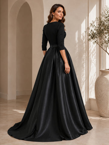 V-Neck 3/4 Sleeves Mother of the Bride Jumpsuit with Flower Belt