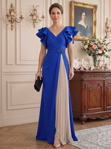 Sheath/Column V-Neck Short Sleeves Pleated Mother of the Bride & Groom Dresses with Crystal & Ruffles