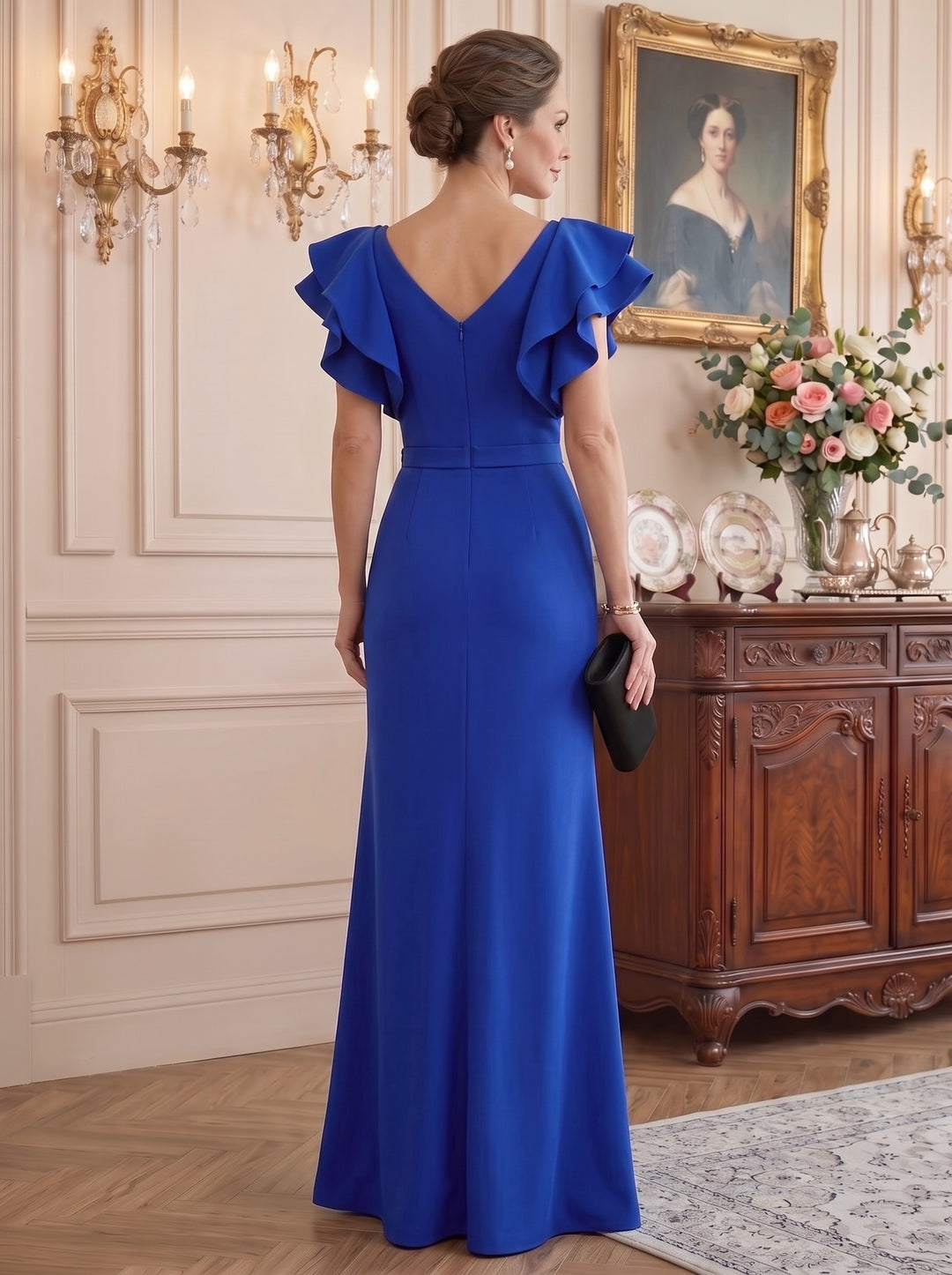 Sheath/Column V-Neck Short Sleeves Pleated Mother of the Bride & Groom Dresses with Crystal & Ruffles