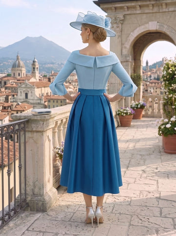 A-Line/Princess Boat Neck 3/4 Sleeves Mother of the Bride & Groom Dresses with Flower & Belt