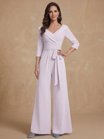 Ruched Chiffon V-Neck 3/4 Sleeves Mother of the Jumpsuit