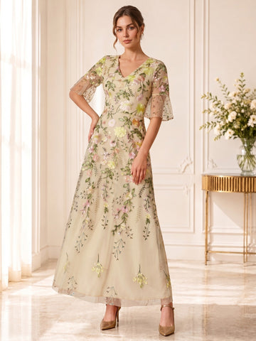 A-Line/Princess V-Neck Short Sleeves Floral Mother of the Bride Dresses with Embroidery