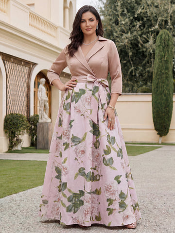 A-Line/Princess V-Neck 3/4 Sleeves Printed Floral Plus Size Mother of the Bride Dresses with Bow Belt