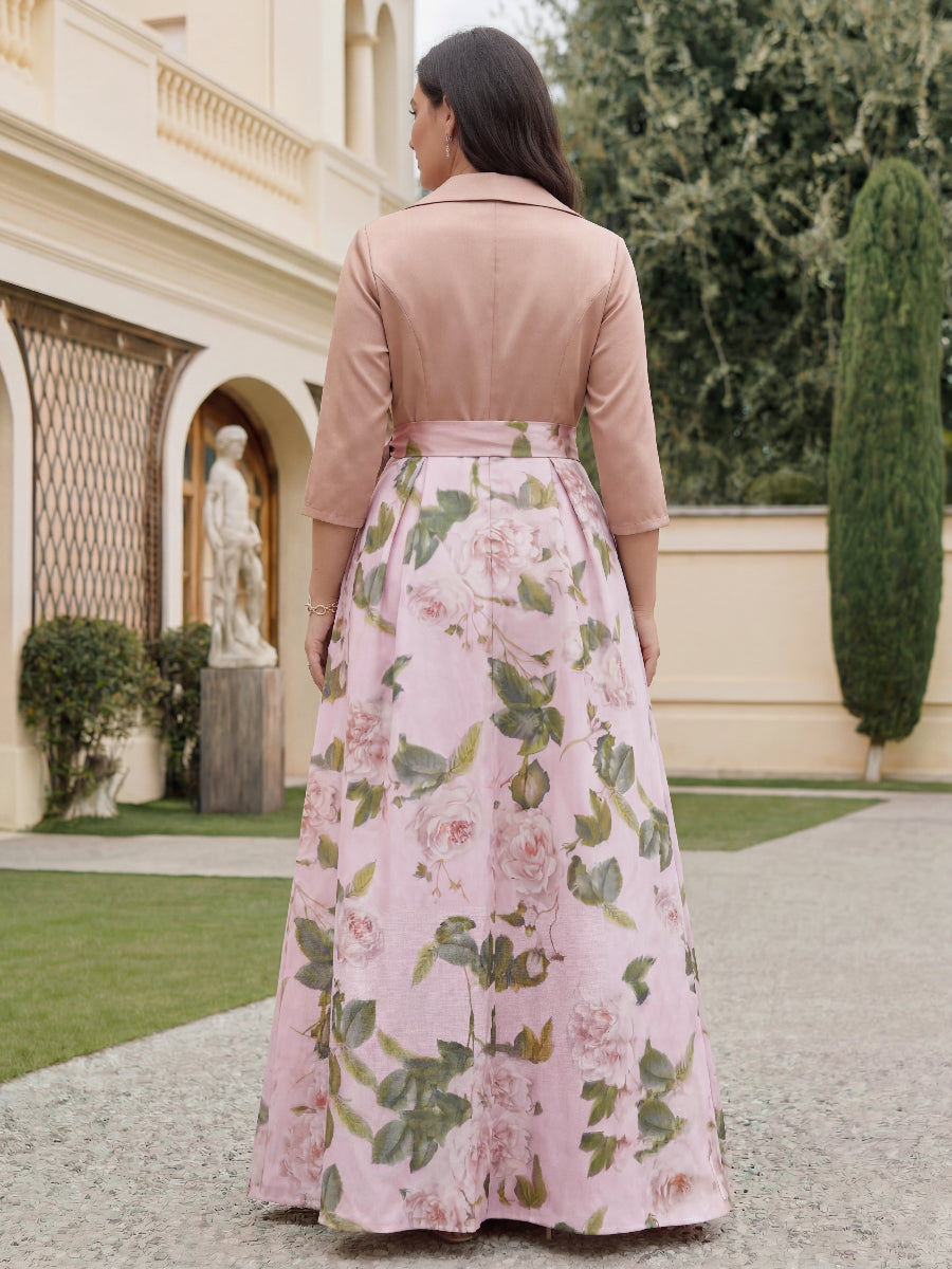A-Line/Princess V-Neck 3/4 Sleeves Printed Floral Plus Size Mother of the Bride Dresses with Bow Belt