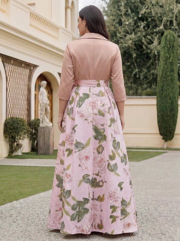 A-Line/Princess V-Neck 3/4 Sleeves Printed Floral Plus Size Mother of the Bride Dresses with Bow Belt
