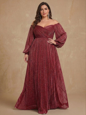 A-Line/Princess Off-the-Shoulder Long Sleeves Floor-Length Plus Size Mother of e Bride Dresses with Ruffles