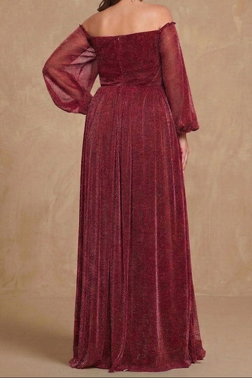 A-Line/Princess Off-the-Shoulder Long Sleeves Floor-Length Plus Size Mother of e Bride Dresses with Ruffles