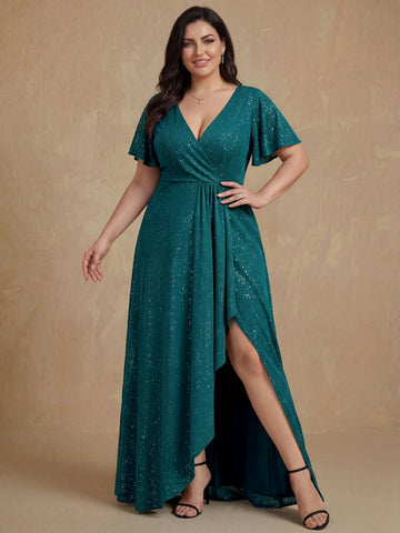 A-Line/Princess Deep V-Neck Short Sleeves Asymmetrical Plus Size Mother Of The Bride Dresses with Ruffles