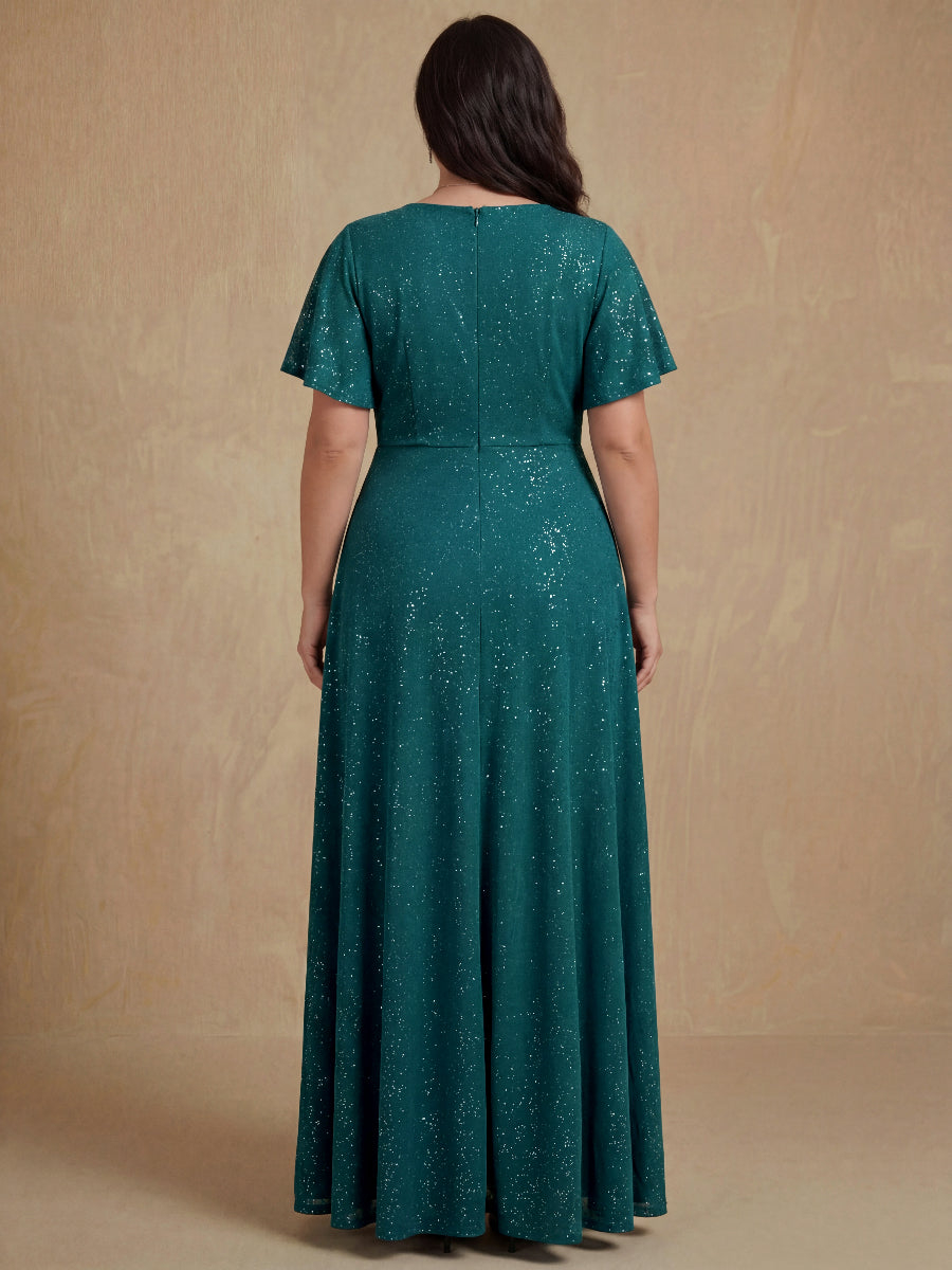 A-Line/Princess Deep V-Neck Short Sleeves Asymmetrical Plus Size Mother Of The Bride Dresses with Ruffles