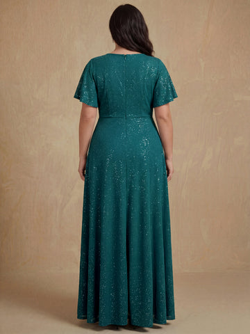 A-Line/Princess Deep V-Neck Short Sleeves Asymmetrical Plus Size Mother Of The Bride Dresses with Ruffles