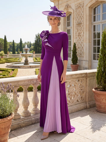 A-Line/Princess Scoop 3/4 Sleeves Elegant Mother of the Bride & Groom Dresses with Ruffles & Flower