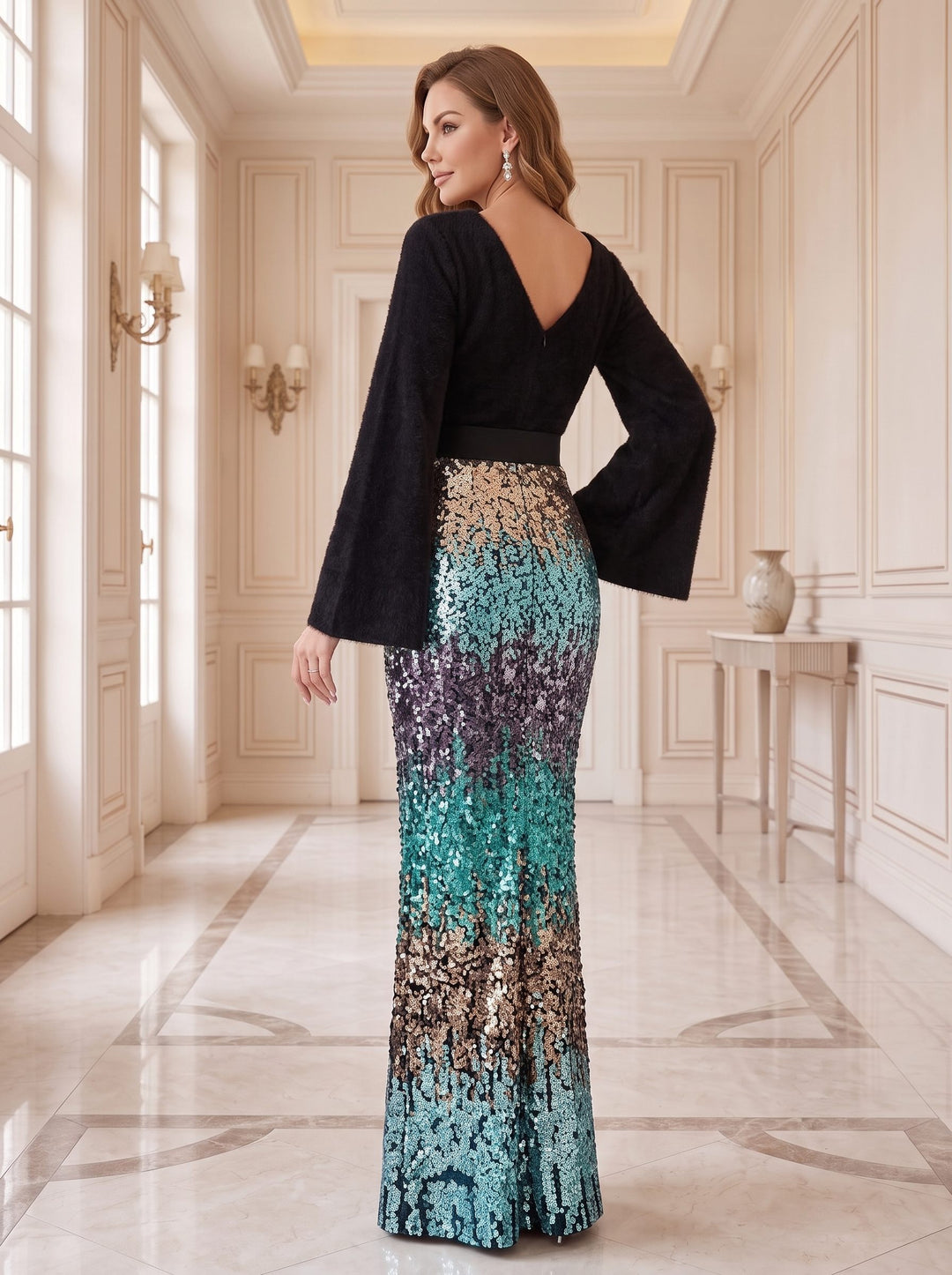 Trumpet/Mermaid Scoop Long Sleeves Floor-Length Retro Mother of the Bride & Groom Dresses with Belt