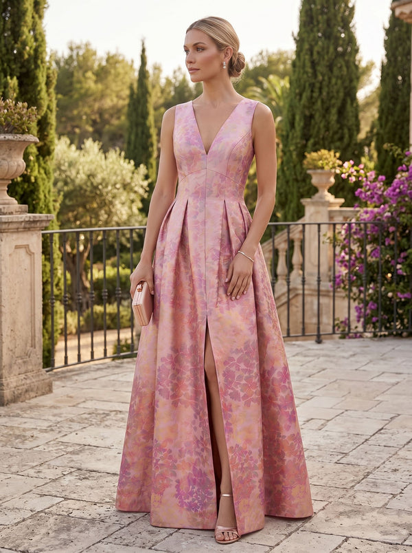 A-Line/Princess V-Neck Sleeveless Printed Floral Evening Dresses with High Split & Pocket