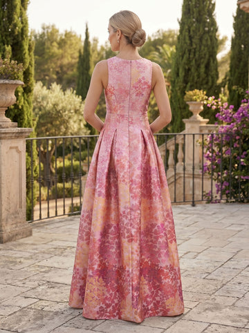 A-Line/Princess V-Neck Sleeveless Printed Floral Evening Dresses with High Split & Pocket