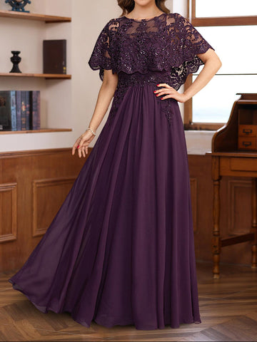 A-Line/Princess Round Neck Floor-Length Elegant Mother of the Bride & Groom Dresses with Lace Appliques