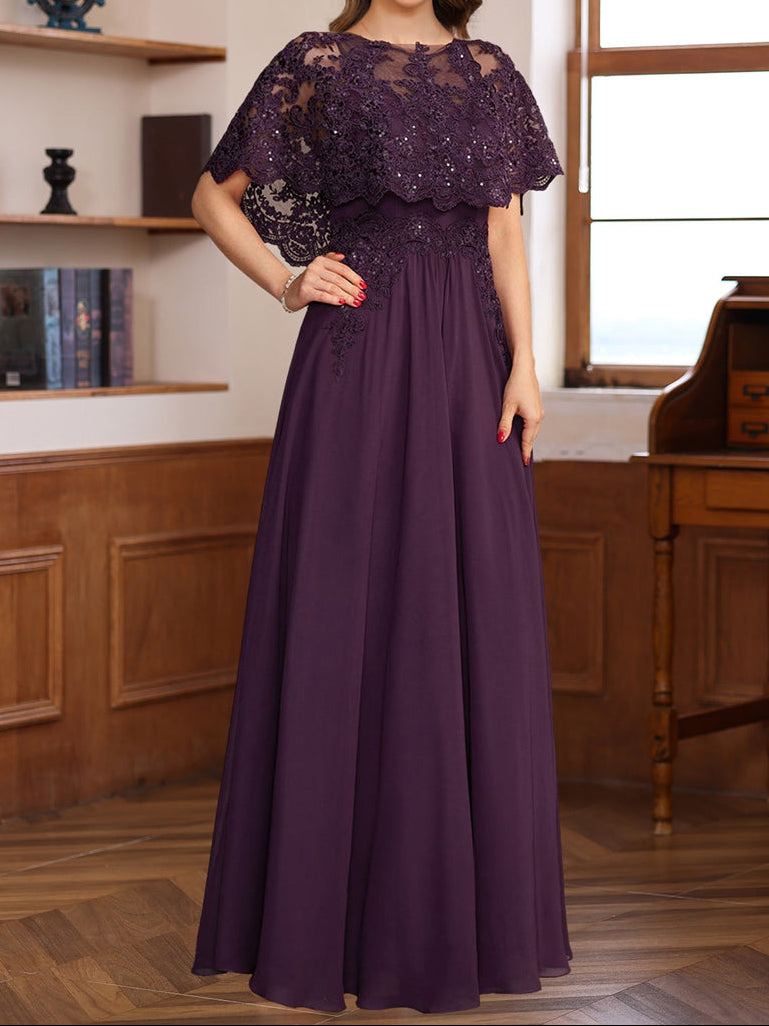 A-Line/Princess Round Neck Floor-Length Elegant Mother of the Bride & Groom Dresses with Lace Appliques