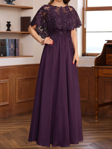 A-Line/Princess Round Neck Floor-Length Elegant Mother of the Bride & Groom Dresses with Lace Appliques