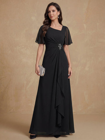 A-Line/Princess V-Neck Short Sleeves Chiffon Mother of the Bride & Groom Dresses with Appliques & Ruffles