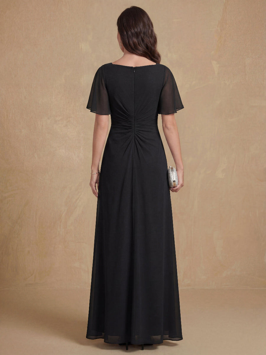 A-Line/Princess V-Neck Short Sleeves Chiffon Mother of the Bride & Groom Dresses with Appliques & Ruffles