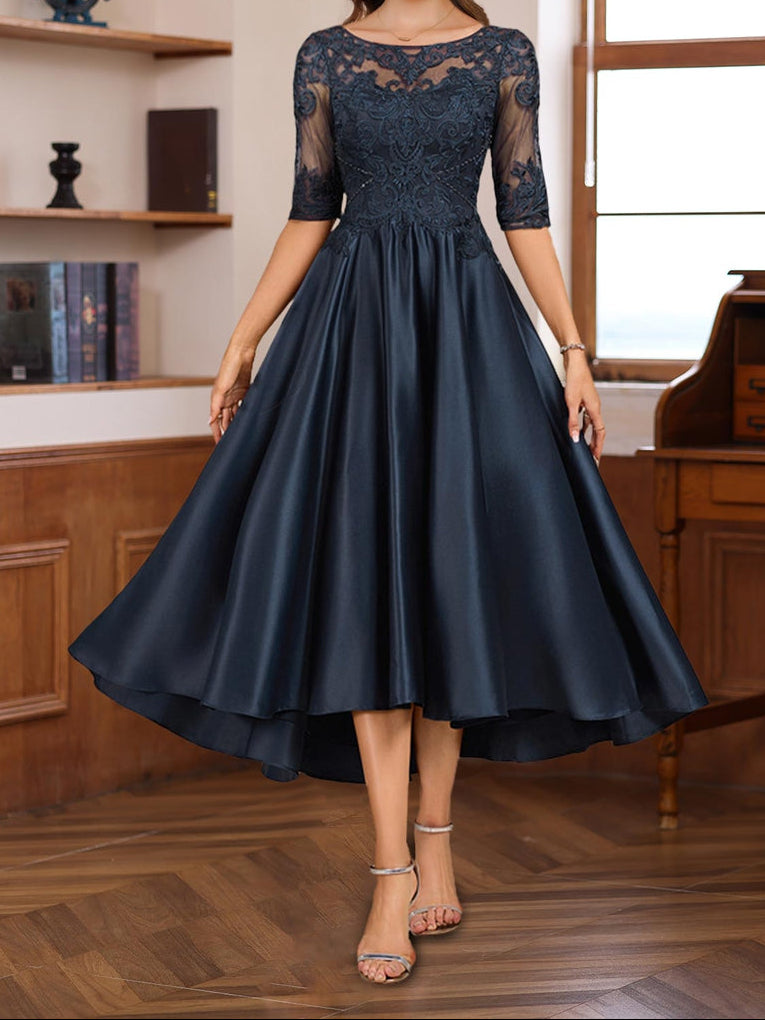 A-Line/Princess Scoop Neck Half Sleeves Asymmetrical Mother of the Bride & Groom Dresses with Lace Appliques