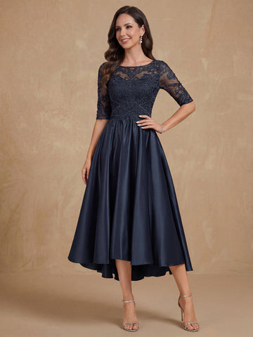 A-Line/Princess Scoop Neck Half Sleeves Asymmetrical Mother of the Bride & Groom Dresses with Lace Appliques
