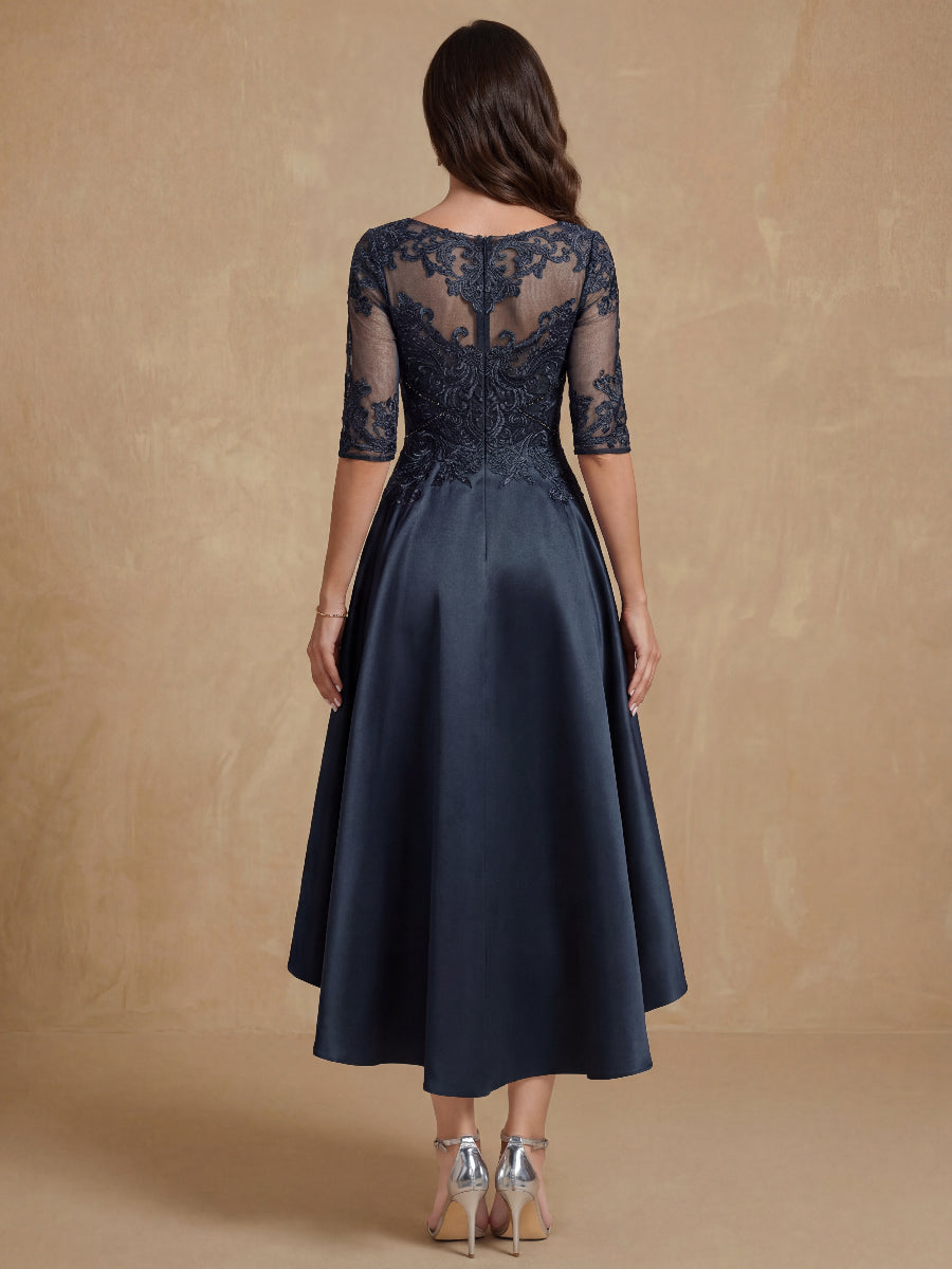 A-Line/Princess Scoop Neck Half Sleeves Asymmetrical Mother of the Bride & Groom Dresses with Lace Appliques