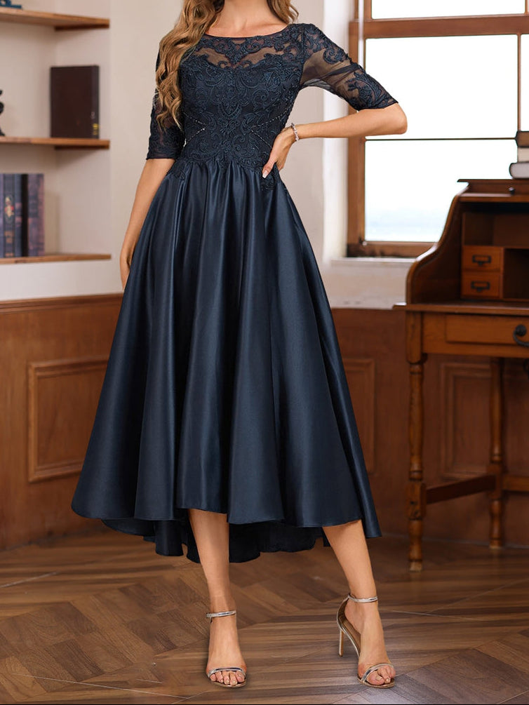 A-Line/Princess Scoop Neck Half Sleeves Asymmetrical Mother of the Bride & Groom Dresses with Lace Appliques