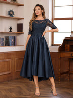 A-Line/Princess Scoop Neck Half Sleeves Asymmetrical Mother of the Bride & Groom Dresses with Lace Appliques