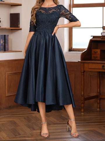 A-Line/Princess Scoop Neck Half Sleeves Asymmetrical Mother of the Bride & Groom Dresses with Lace Appliques