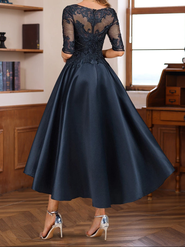 A-Line/Princess Scoop Neck Half Sleeves Asymmetrical Mother of the Bride & Groom Dresses with Lace Appliques