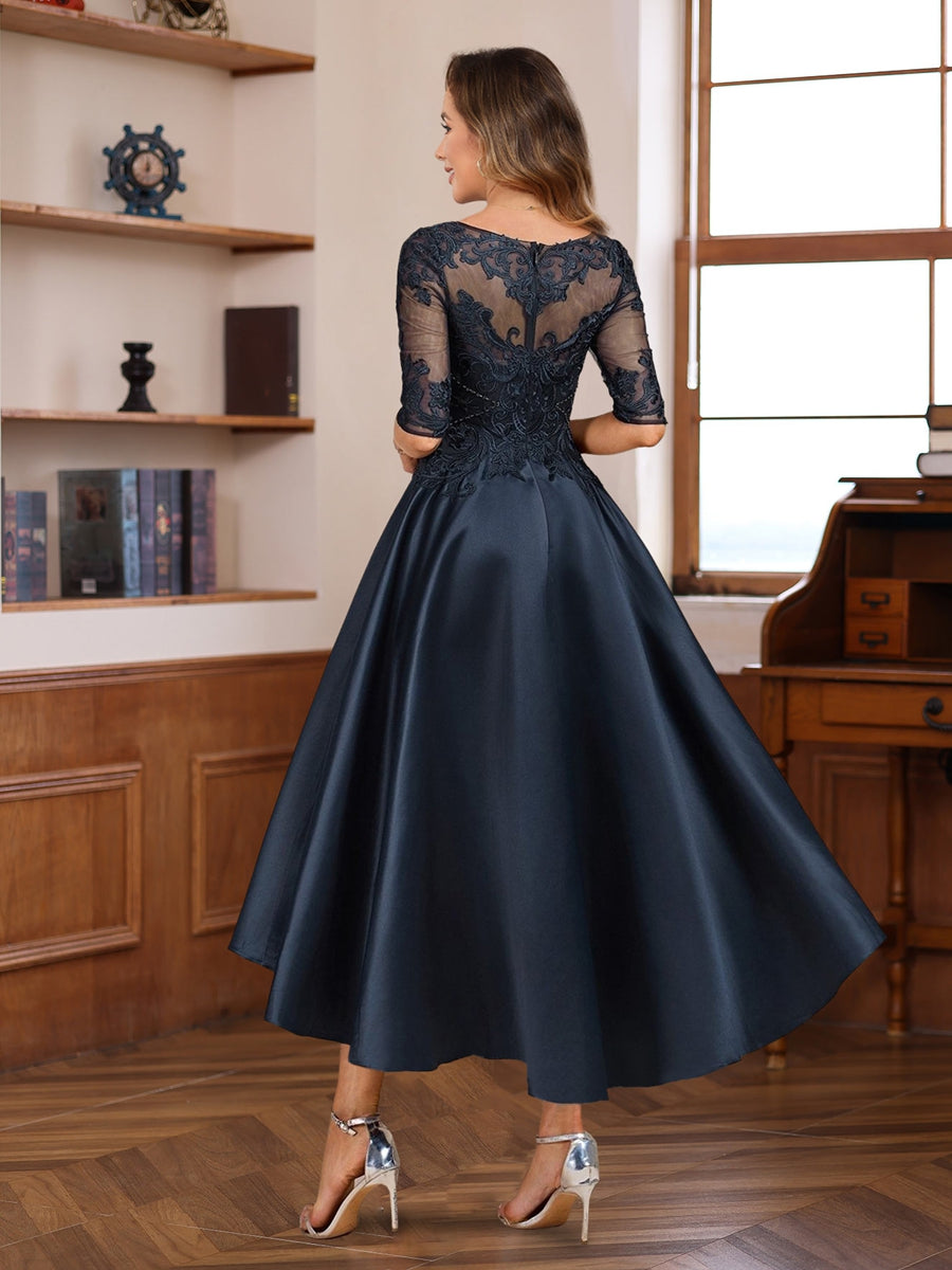 A-Line/Princess Scoop Neck Half Sleeves Asymmetrical Mother of the Bride & Groom Dresses with Lace Appliques