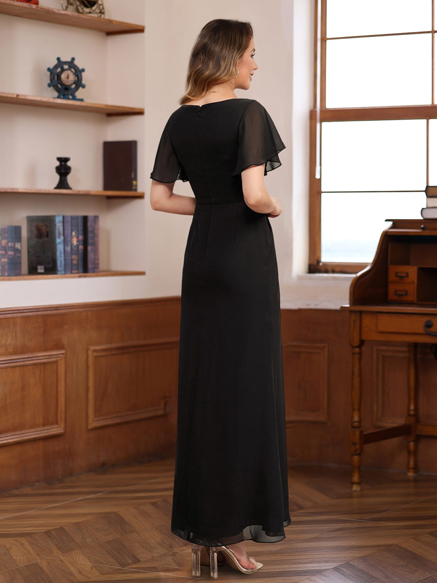 A-Line Scoop Neck Half Sleeves Ankle Length Pleated Mother of the Bride & Groom Dresses with Beadings