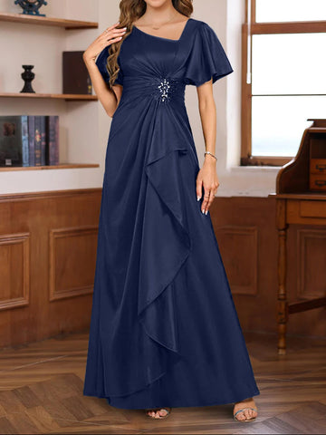 A-Line V Neck Short Sleeves Floor Length Luxurious Mother of the Bride Dresses with Beadings & Sequins