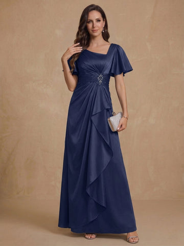 A-Line V Neck Short Sleeves Floor Length Luxurious Mother of the Bride Dresses with Beadings & Sequins