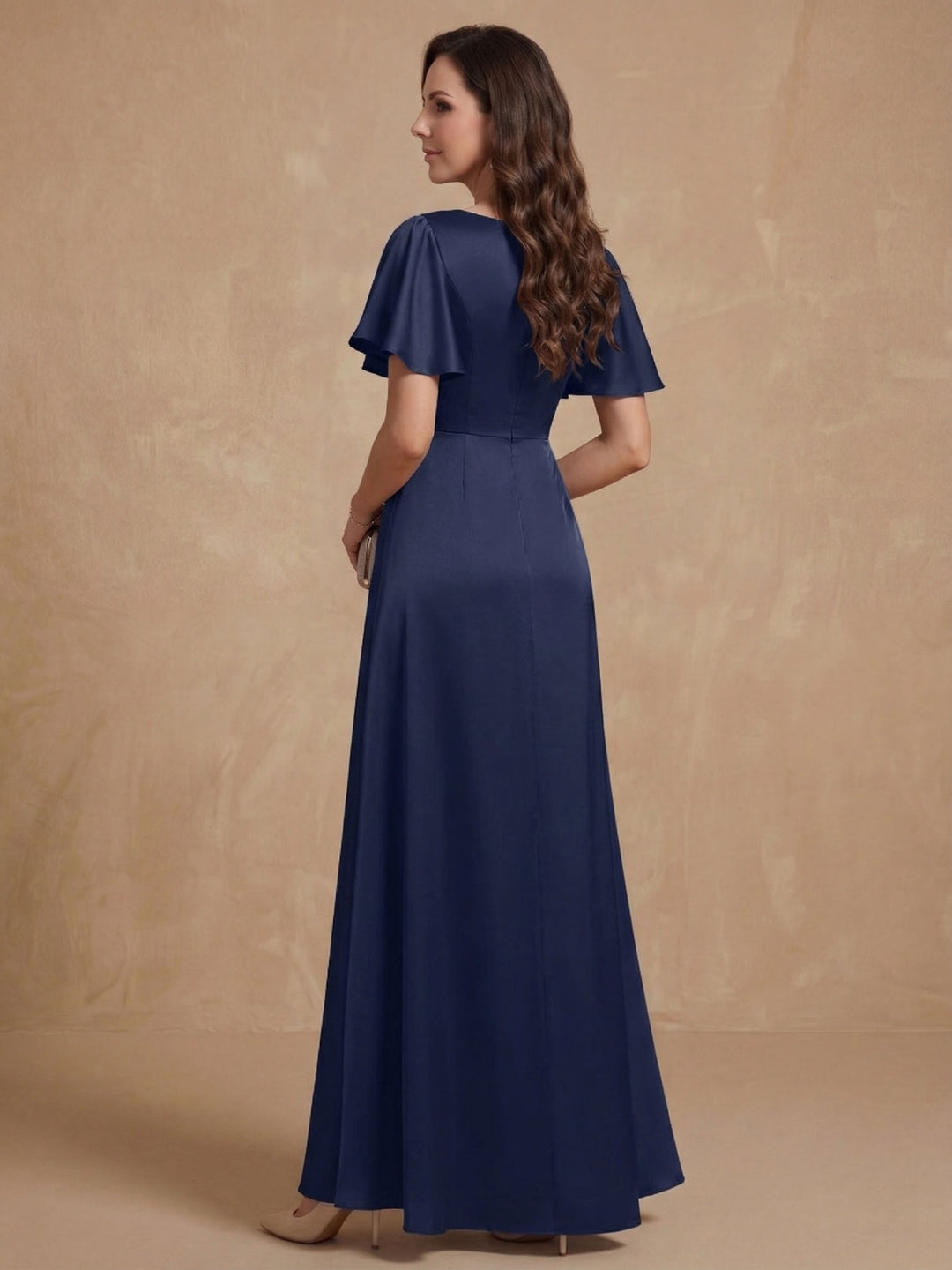 A-Line V Neck Short Sleeves Floor Length Luxurious Mother of the Bride Dresses with Beadings & Sequins