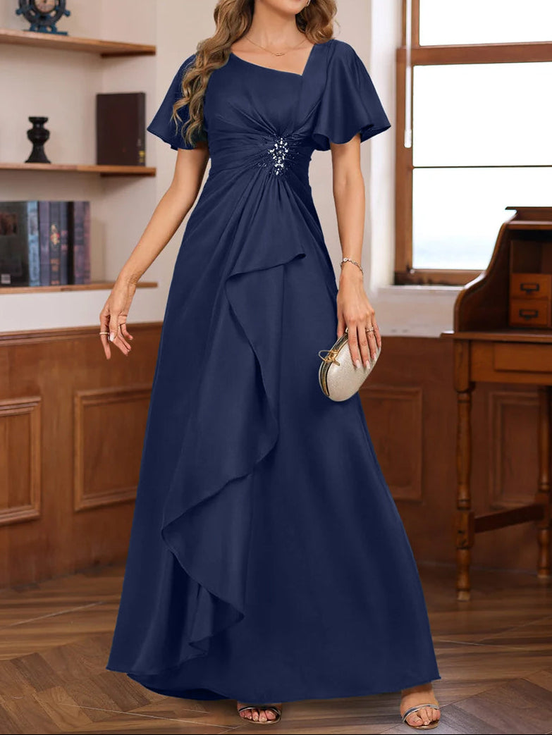 A-Line V Neck Short Sleeves Floor Length Luxurious Mother of the Bride Dresses with Beadings & Sequins