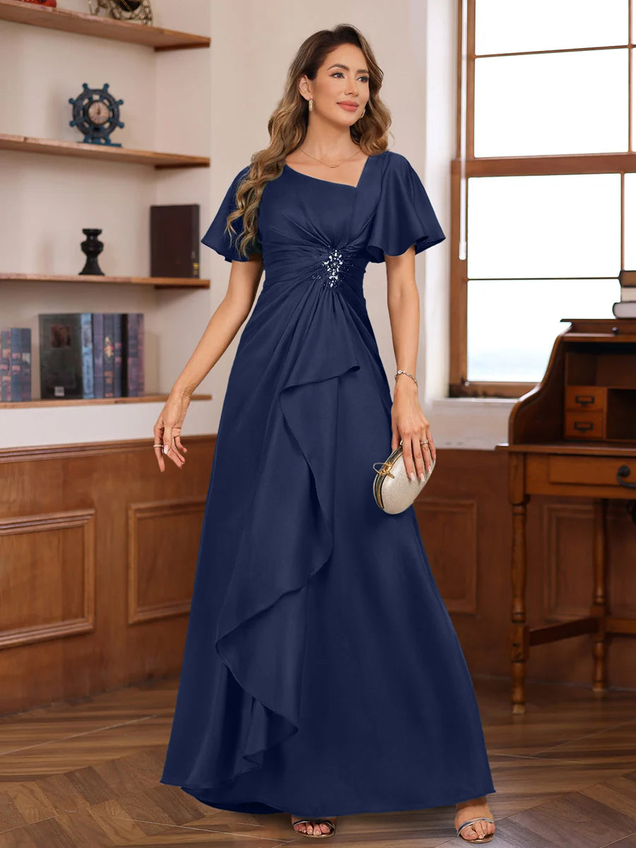 A-Line V Neck Short Sleeves Floor Length Luxurious Mother of the Bride Dresses with Beadings & Sequins