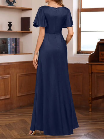 A-Line V Neck Short Sleeves Floor Length Luxurious Mother of the Bride Dresses with Beadings & Sequins