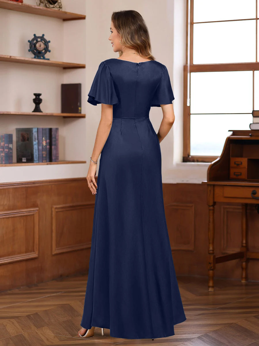 A-Line V Neck Short Sleeves Floor Length Luxurious Mother of the Bride Dresses with Beadings & Sequins