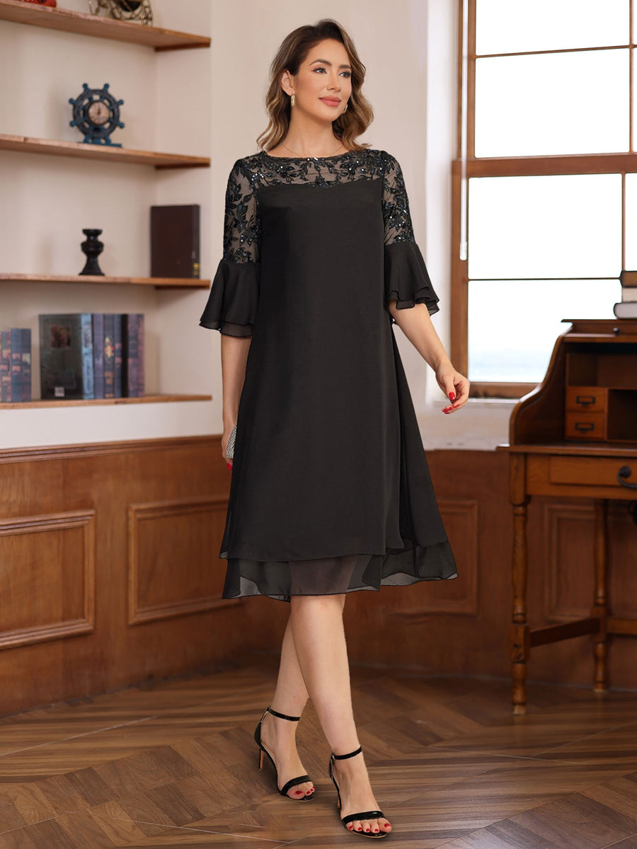 A-Line/Princess Round Neck 1/2 Sleeves Knee Length Mother of the Bride & Groom Dresses with Lace Appliques & Ruffles
