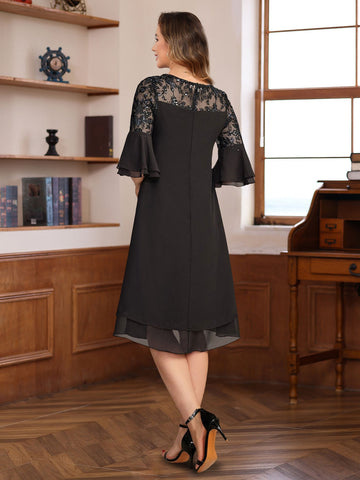 A-Line/Princess Round Neck 1/2 Sleeves Knee Length Mother of the Bride & Groom Dresses with Lace Appliques & Ruffles